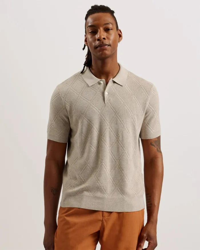 Men VENTAR 8211 Diamond Knit Polo Shirt Stone Ted Baker Jumpers and Knitwear