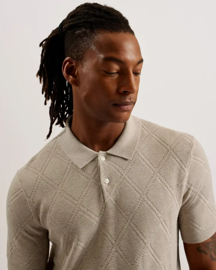 Men VENTAR 8211 Diamond Knit Polo Shirt Stone Ted Baker Jumpers and Knitwear