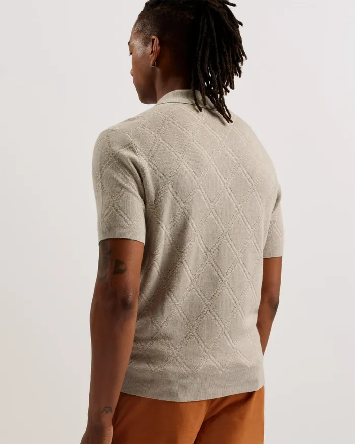 Men VENTAR 8211 Diamond Knit Polo Shirt Stone Ted Baker Jumpers and Knitwear
