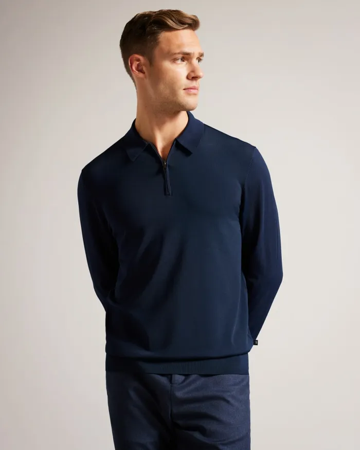 Men VIBA 8211 Long Sleeve Regular Half Zip Rayon Polo Navy Ted Baker Jumpers and Knitwear