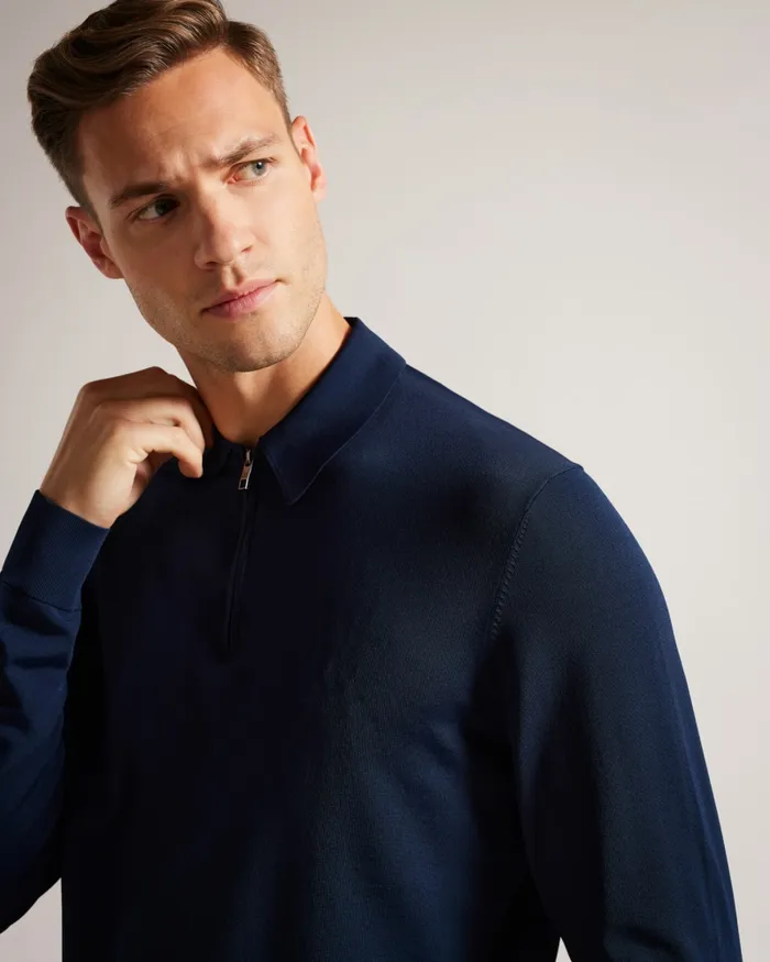 Men VIBA 8211 Long Sleeve Regular Half Zip Rayon Polo Navy Ted Baker Jumpers and Knitwear