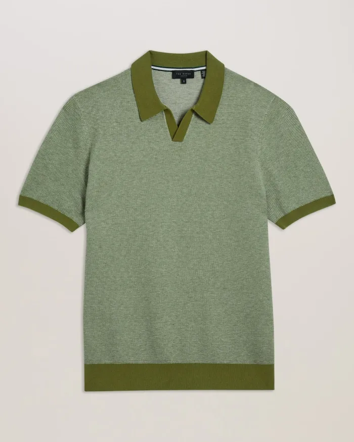 Men WULDER 8211 Open Neck Knitted Polo Shirt Green Ted Baker Jumpers and Knitwear