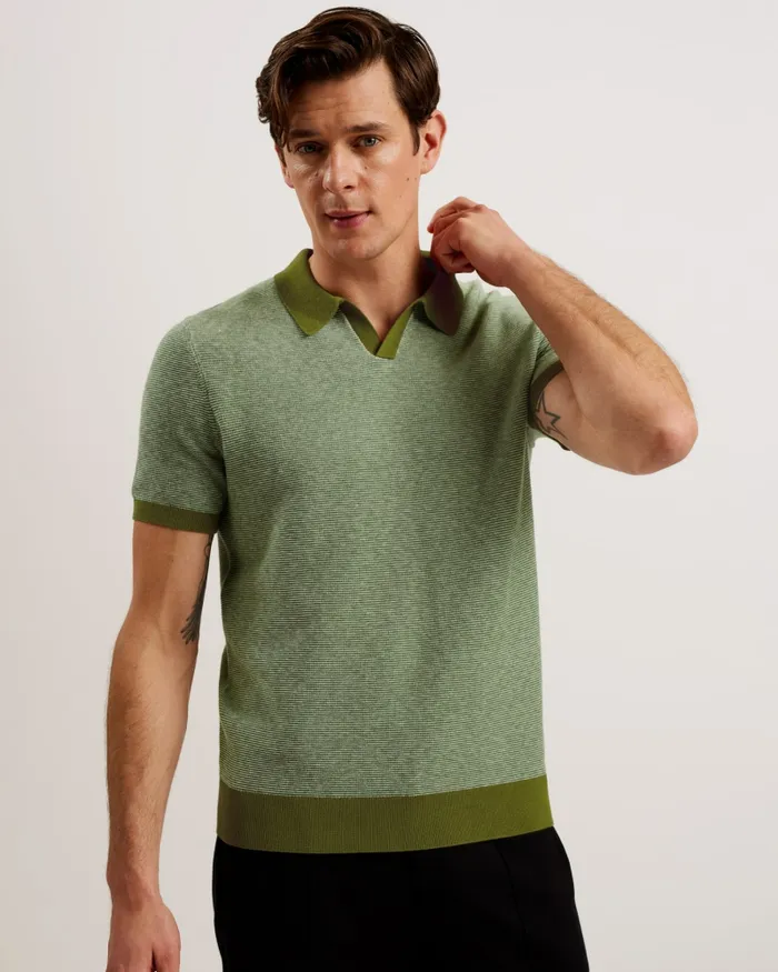 Men WULDER 8211 Open Neck Knitted Polo Shirt Green Ted Baker Jumpers and Knitwear Men WULDER 8211 Open Neck Knitted Polo Shirt Green Ted Baker Jumpers and Knitwear