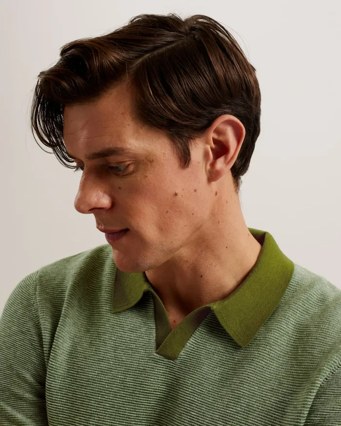 Men WULDER 8211 Open Neck Knitted Polo Shirt Green Ted Baker Jumpers and Knitwear Men WULDER 8211 Open Neck Knitted Polo Shirt Green Ted Baker Jumpers and Knitwear