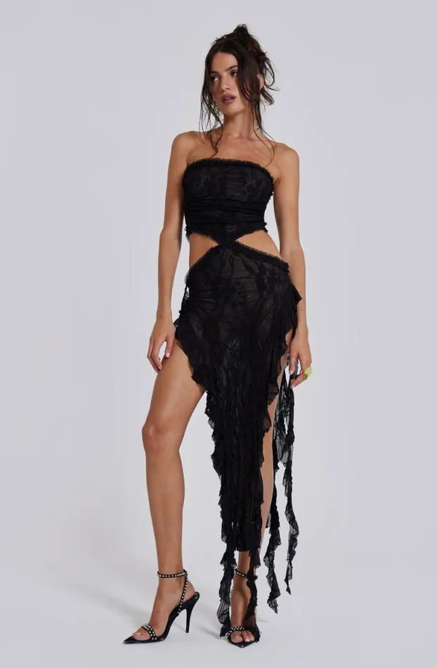Midi Dresses Women Jaded London Gaia Scrunch Lace Midi Dress In Black