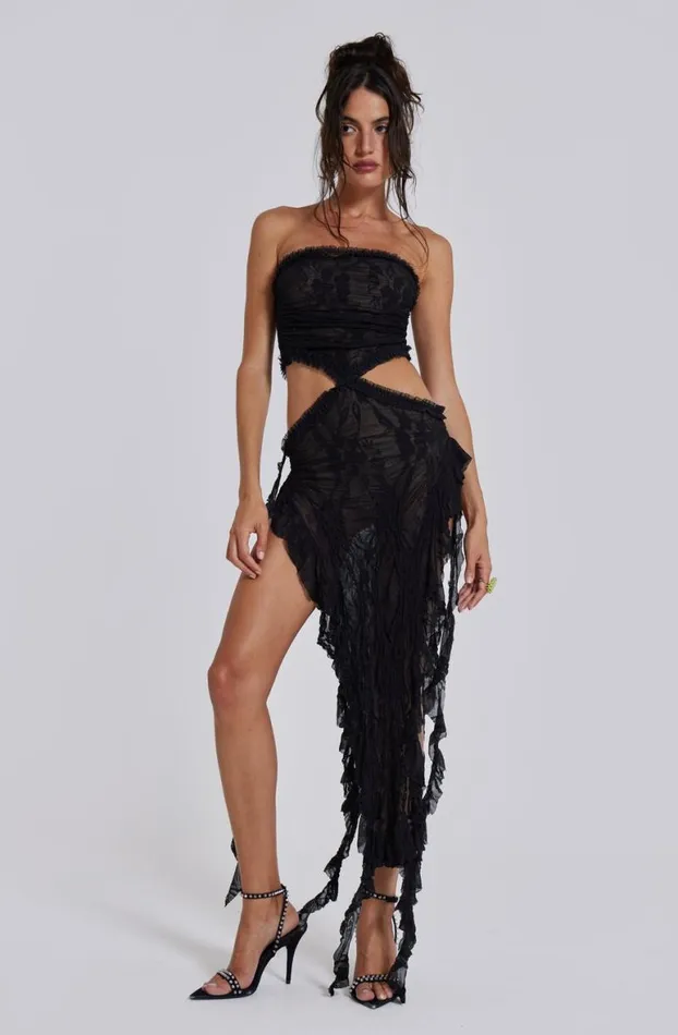 Midi Dresses Women Jaded London Gaia Scrunch Lace Midi Dress In Black