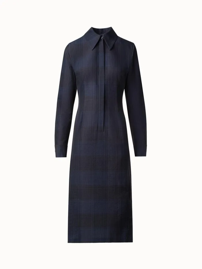 Midi Shirt Dress In Cotton Silk Seersucker Navy Women Akris Dresses