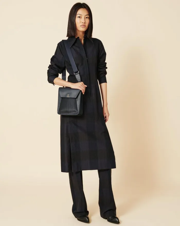 Midi Shirt Dress In Cotton Silk Seersucker Navy Women Akris Dresses