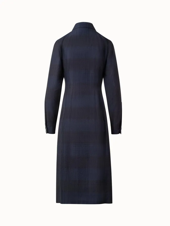 Midi Shirt Dress In Cotton Silk Seersucker Navy Women Akris Dresses