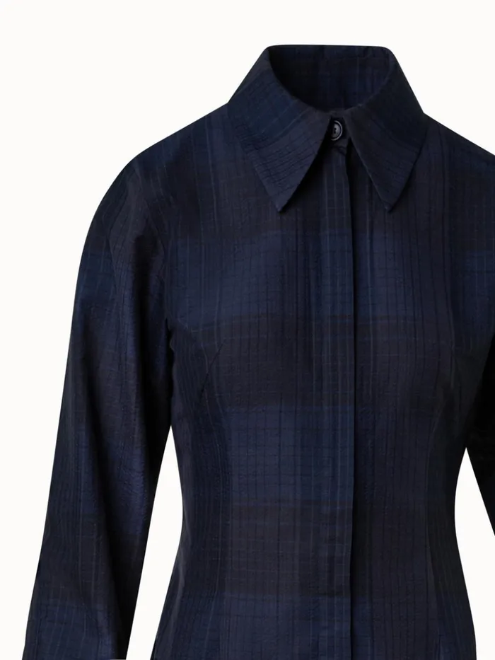 Midi Shirt Dress In Cotton Silk Seersucker Navy Women Akris Dresses