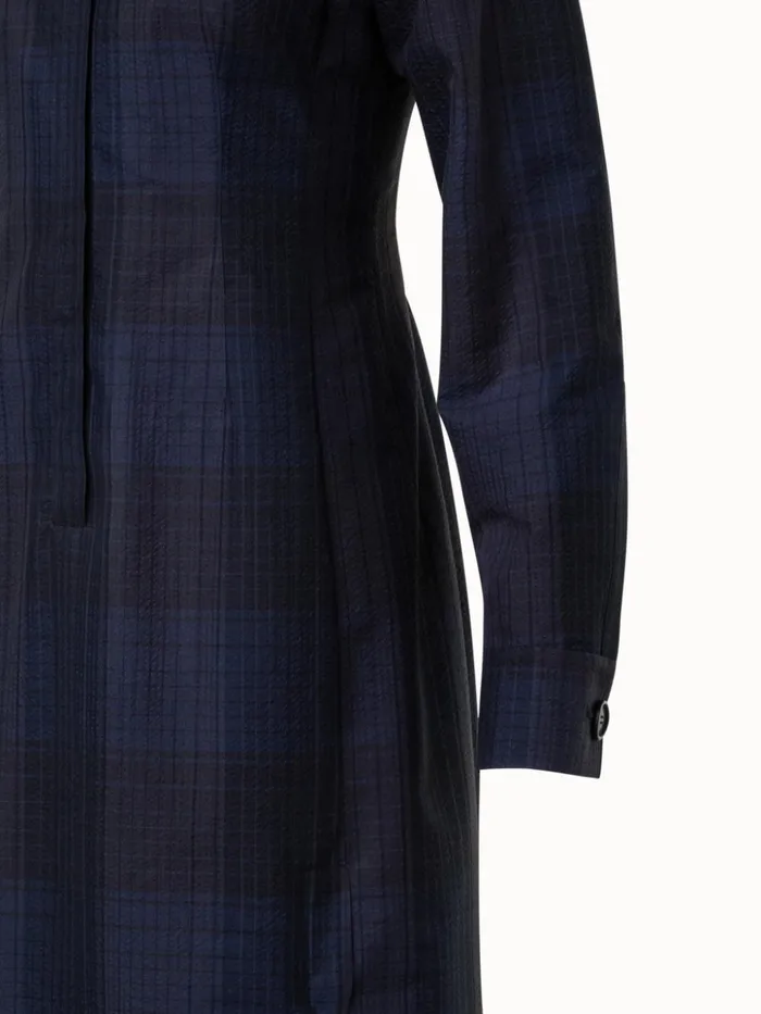 Midi Shirt Dress In Cotton Silk Seersucker Navy Women Akris Dresses