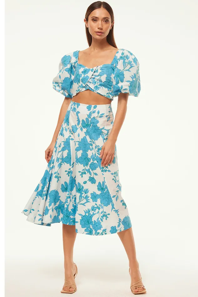 Misa Los Angeles Emma Skirt Turquoise Flora Poplin Women Matching Sets