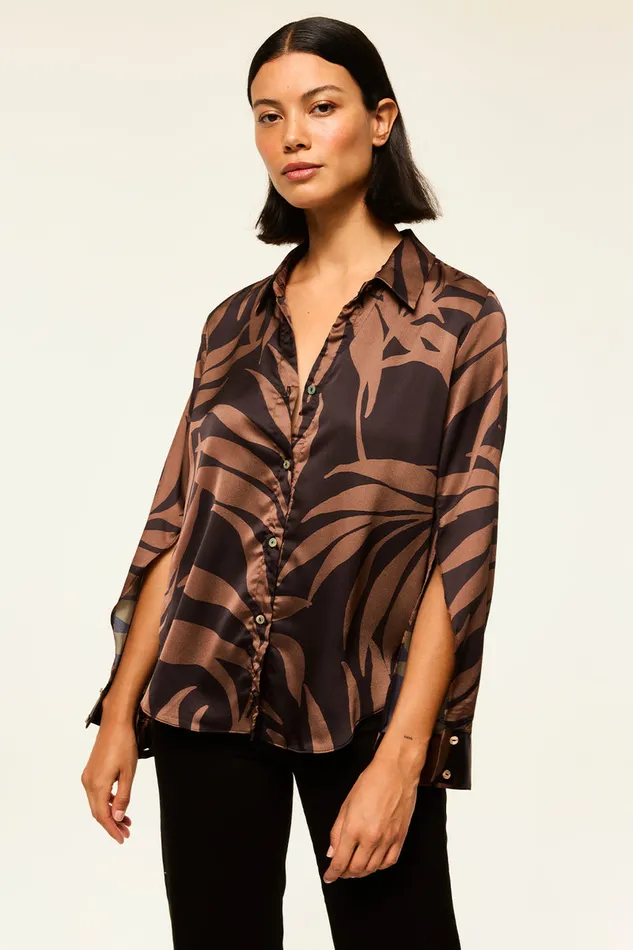 Misa Los Angeles Roya Top Chocolate Palm Frond Satin Women Tops