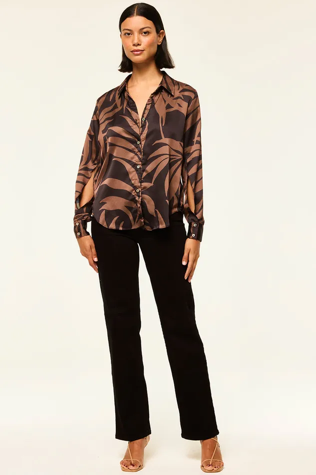 Misa Los Angeles Roya Top Chocolate Palm Frond Satin Women Tops