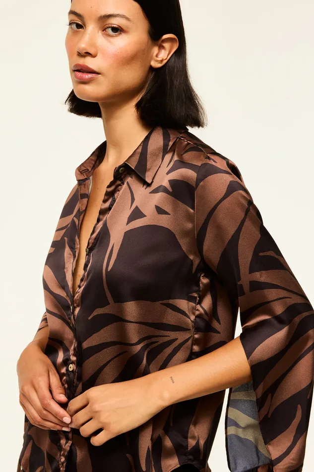 Misa Los Angeles Roya Top Chocolate Palm Frond Satin Women Tops