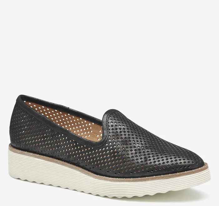 Mitzi Perfed Venetian Black Metallic Kid Suede Women Mules and Loafers Johnston and Murphy Mitzi Perfed Venetian Black Metallic Kid Suede Women Mules and Loafers Johnston and Murphy