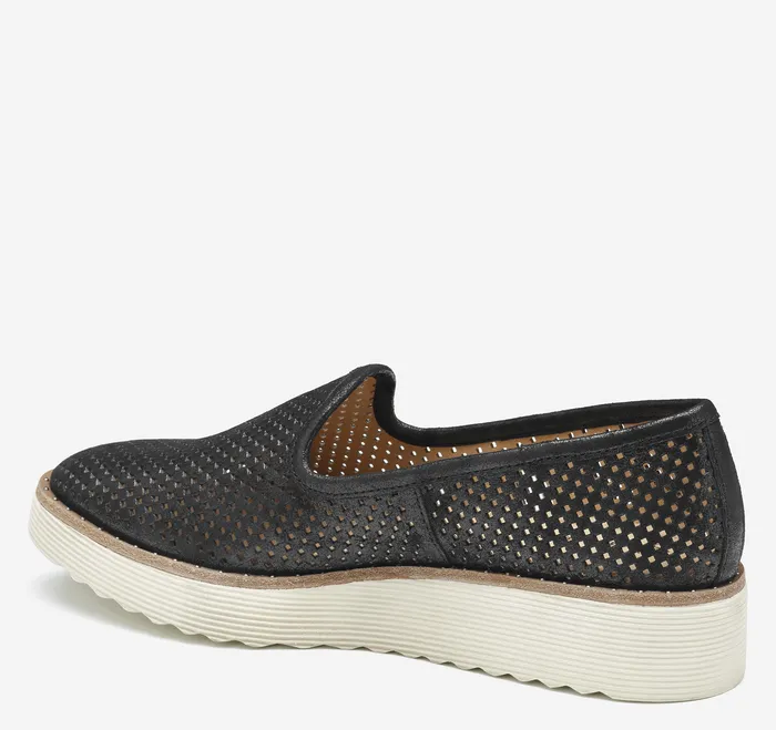 Mitzi Perfed Venetian Black Metallic Kid Suede Women Mules and Loafers Johnston and Murphy