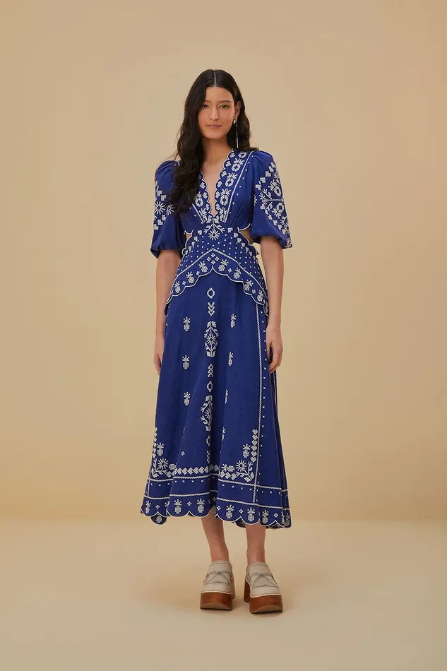 Navy Blue Embroidered CutOut Midi Dress Women Farm Rio Midi Dresses