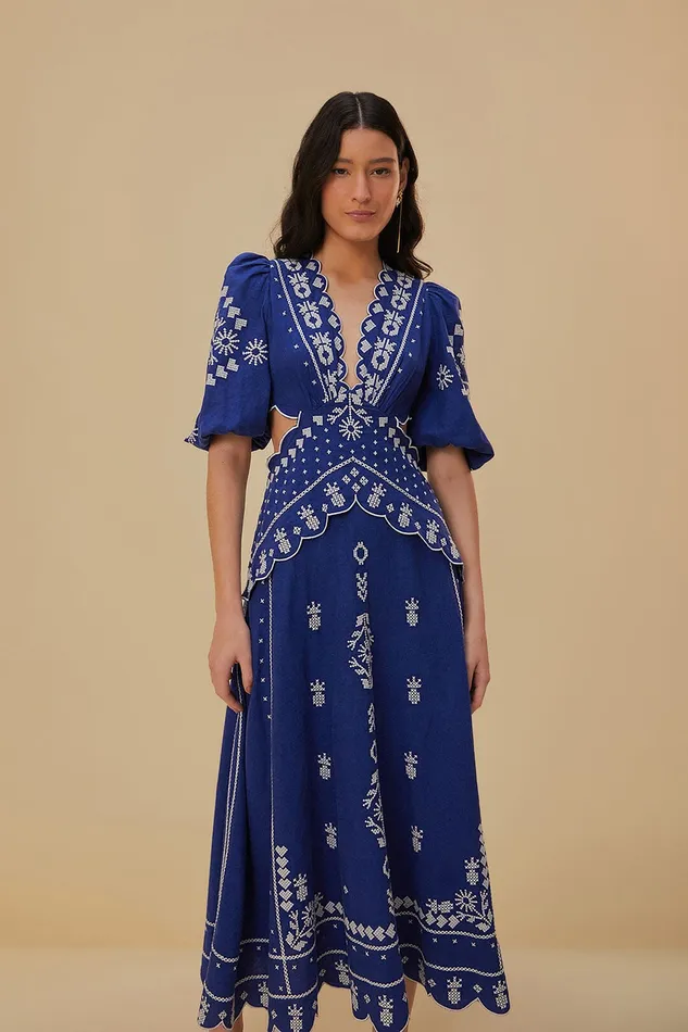 Navy Blue Embroidered CutOut Midi Dress Women Farm Rio Midi Dresses