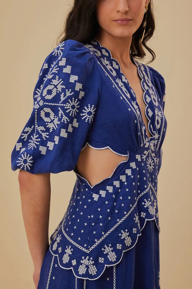 Navy Blue Embroidered CutOut Midi Dress Women Farm Rio Midi Dresses