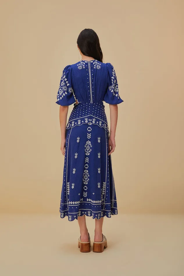 Navy Blue Embroidered CutOut Midi Dress Women Farm Rio Midi Dresses