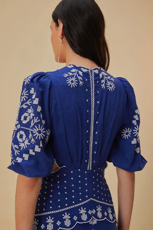Navy Blue Embroidered CutOut Midi Dress Women Farm Rio Midi Dresses