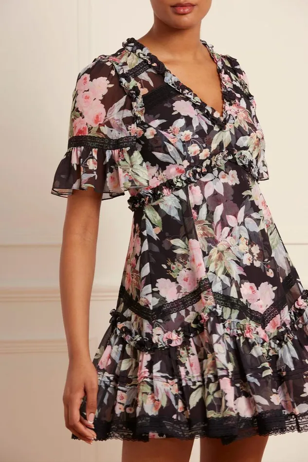 Needle and Thread Dresses Paradise Garden Sonata Georgette Micro Mini Dress Black 8211 Women