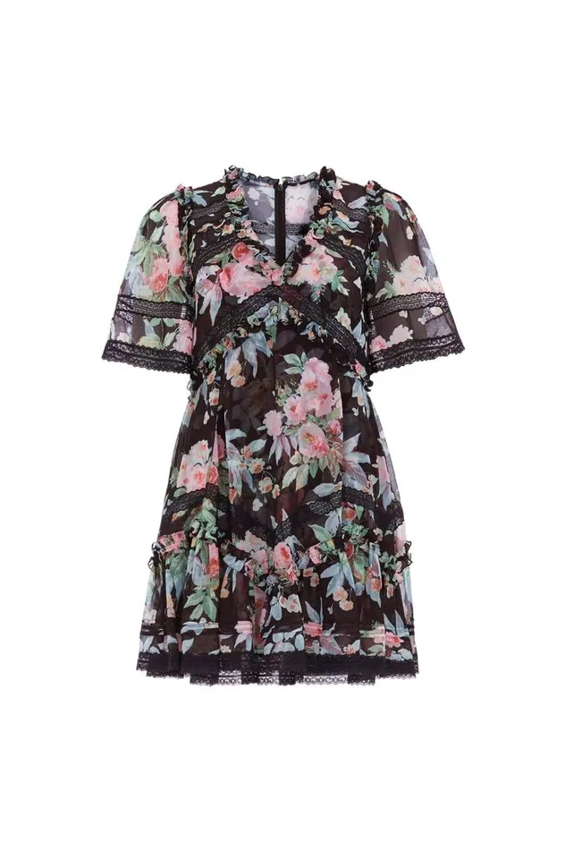Needle and Thread Dresses Paradise Garden Sonata Georgette Micro Mini Dress Black 8211 Women