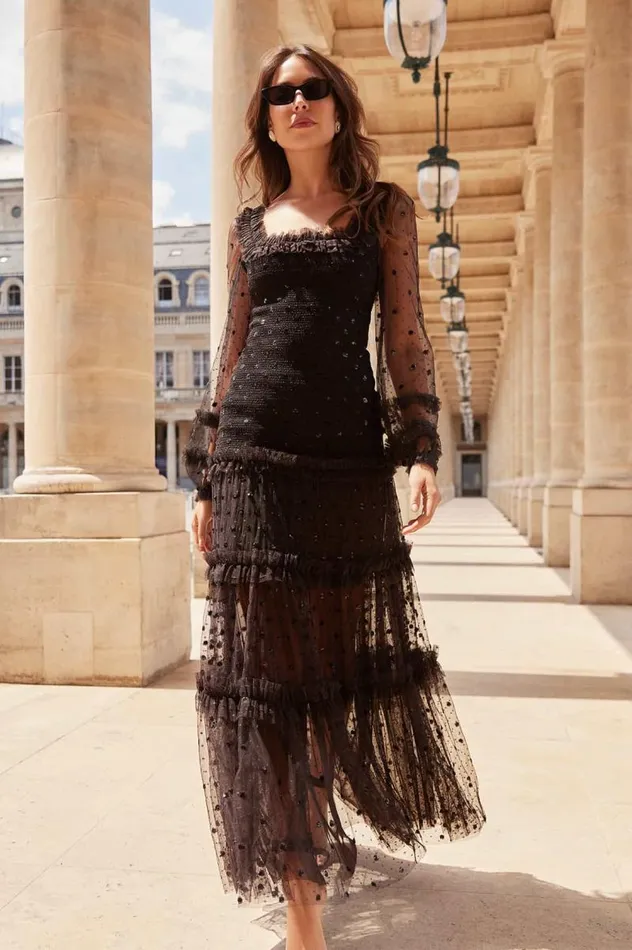 Needle and Thread Dresses Polka Dot Smocked Long Sleeve Ankle Gown Black 8211 Women