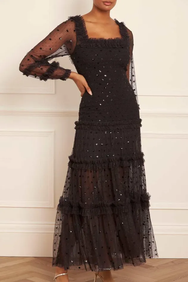 Needle and Thread Dresses Polka Dot Smocked Long Sleeve Ankle Gown Black 8211 Women