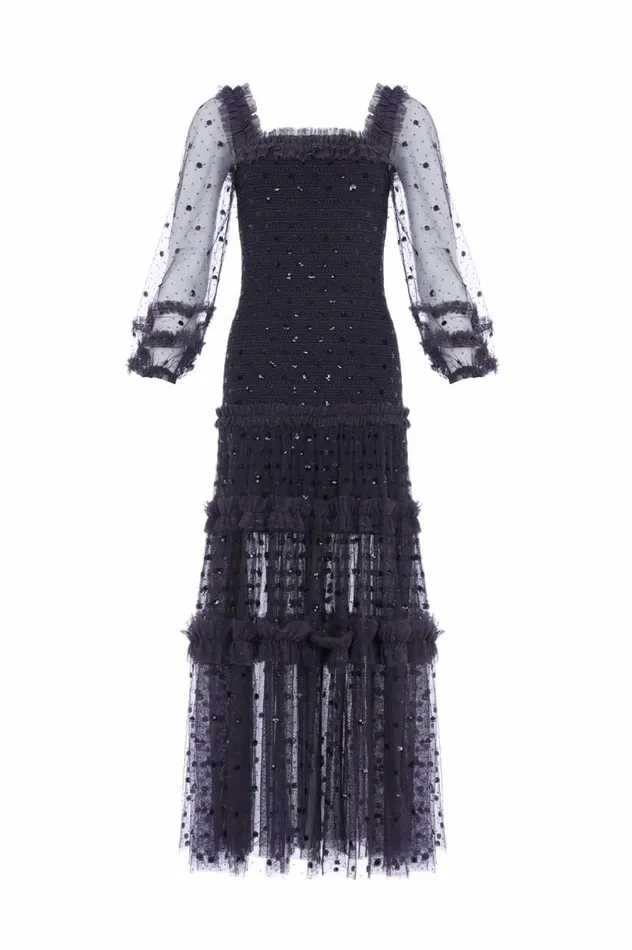 Needle and Thread Dresses Polka Dot Smocked Long Sleeve Ankle Gown Black 8211 Women