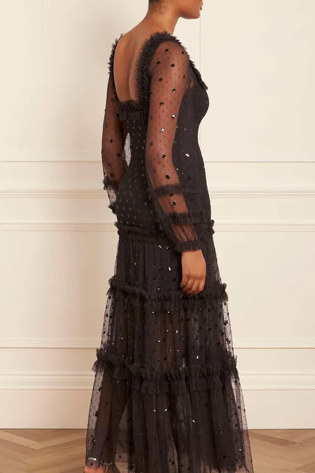 Needle and Thread Dresses Polka Dot Smocked Long Sleeve Ankle Gown Black 8211 Women