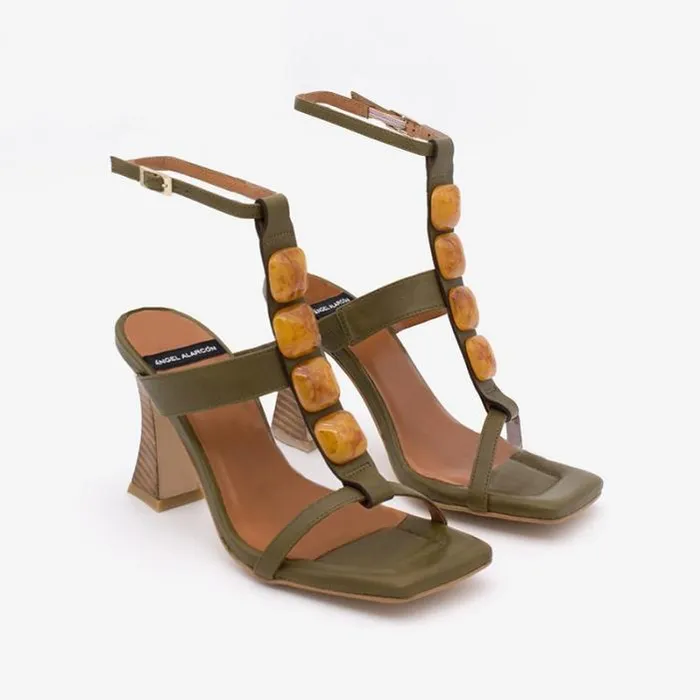 ngel Alarcn Sandals Woman MASAL 8211 Leather Ankle Tstrap High Heel Sandal With Carey Ornament