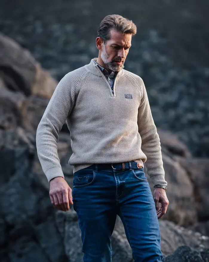 NZA New Zealand Auckland Knitwear Beige Cotton Sweater With HalfZip 8211 Shimmering Sand 8211 Men NZA New Zealand Auckland Knitwear Beige Cotton Sweater With HalfZip 8211 Shimmering Sand 8211 Men