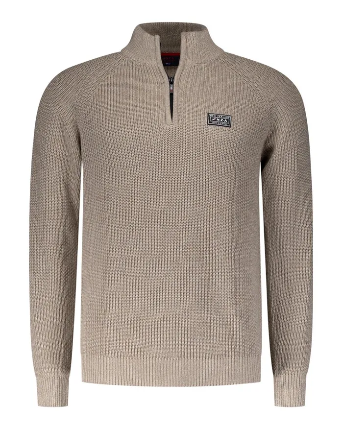 NZA New Zealand Auckland Knitwear Beige Cotton Sweater With HalfZip 8211 Shimmering Sand 8211 Men