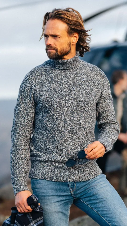 NZA New Zealand Auckland Knitwear Blue Wool Cable Knit Turtleneck Sweater 8211 Tin Blue 8211 Men
