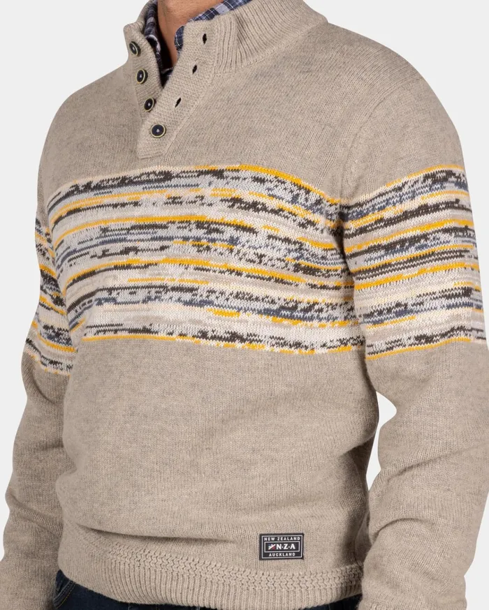 NZA New Zealand Auckland Knitwear Brown Cotton Sweater With Yellow And Black Print 8211 Chestnut 8211 Men
