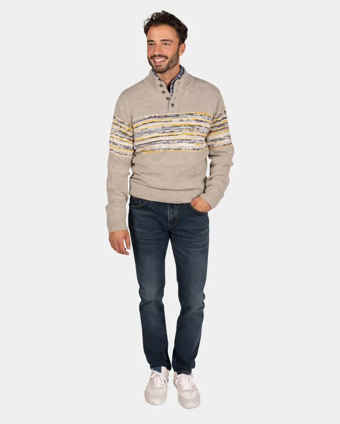 NZA New Zealand Auckland Knitwear Brown Cotton Sweater With Yellow And Black Print 8211 Chestnut 8211 Men