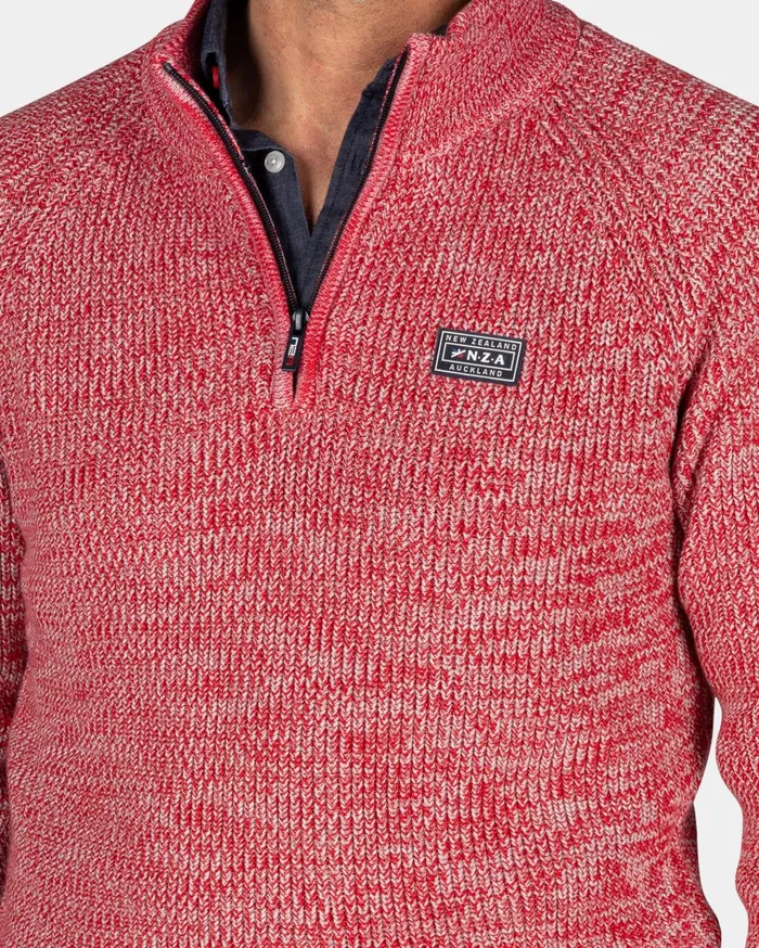 NZA New Zealand Auckland Knitwear Gray Cotton Sweater With HalfZip 8211 Reef Red 8211 Men