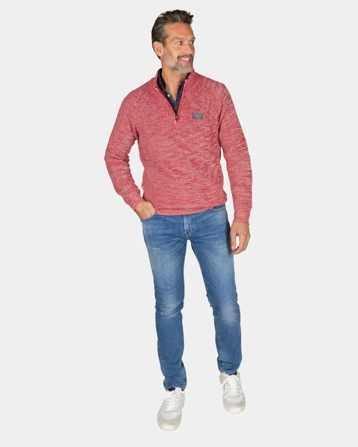 NZA New Zealand Auckland Knitwear Gray Cotton Sweater With HalfZip 8211 Reef Red 8211 Men