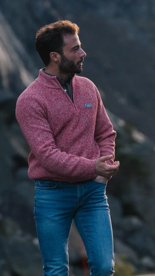 NZA New Zealand Auckland Knitwear Gray Cotton Sweater With HalfZip 8211 Reef Red 8211 Men