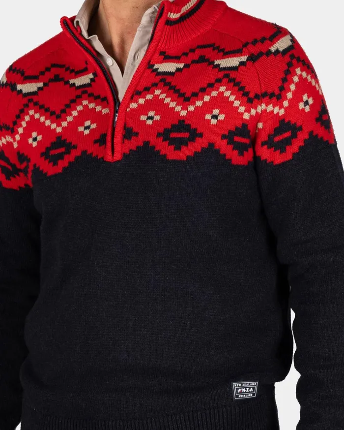 NZA New Zealand Auckland Knitwear Navy Sweater With Red Print 8211 Reef Red 8211 Men NZA New Zealand Auckland Knitwear Navy Sweater With Red Print 8211 Reef Red 8211 Men