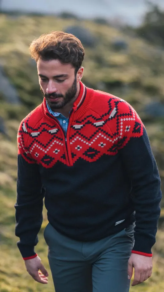NZA New Zealand Auckland Knitwear Navy Sweater With Red Print 8211 Reef Red 8211 Men NZA New Zealand Auckland Knitwear Navy Sweater With Red Print 8211 Reef Red 8211 Men