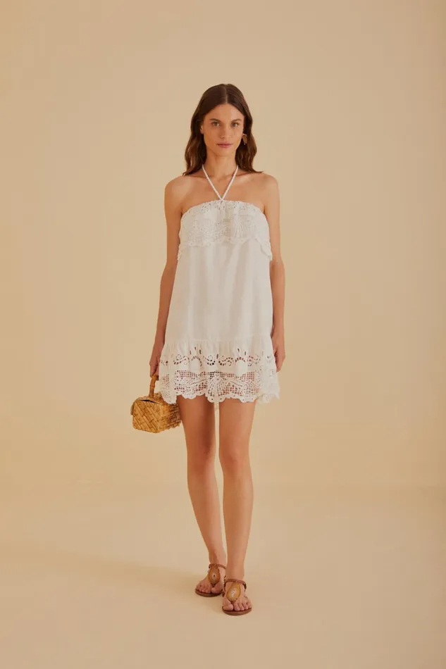 OffWhite Embroidered Guipure Euroflax Premium Linen Mini Dress Women Farm Rio Mini Dresses OffWhite Embroidered Guipure Euroflax Premium Linen Mini Dress Women Farm Rio Mini Dresses