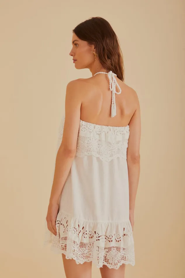 OffWhite Embroidered Guipure Euroflax Premium Linen Mini Dress Women Farm Rio Mini Dresses