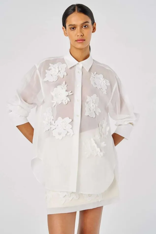 Oroton Tops Lace Flower Sheer Overshirt Antique White 8211 Women