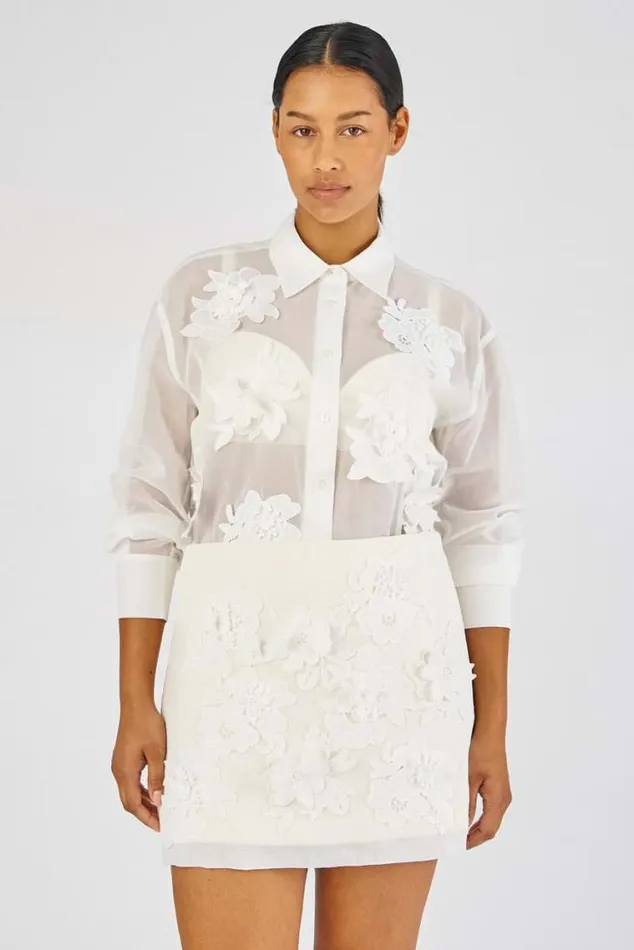 Oroton Tops Lace Flower Sheer Overshirt Antique White 8211 Women