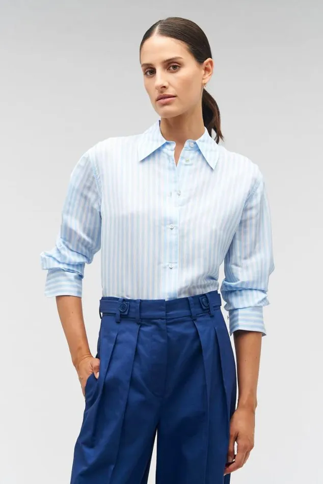Oroton Tops Sheer Stripe Shirt Delft Blue 8211 Women