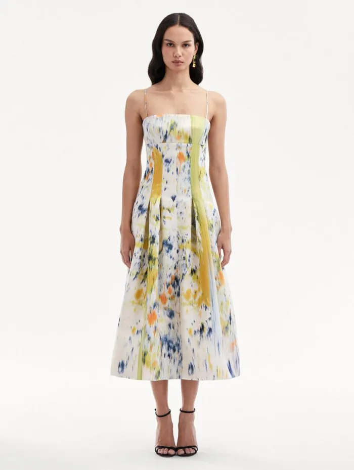 Oscar De La Renta Abstract Brushstroke Satin Dress Calendula Multi Women Dresses Oscar De La Renta Abstract Brushstroke Satin Dress Calendula Multi Women Dresses