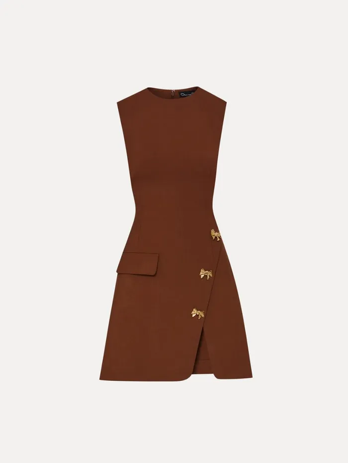 Oscar De La Renta Bow Button Split Skirt Dress Cocoa Women Dresses